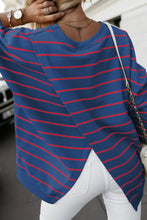 Load image into Gallery viewer, Blue Stripe Stylish Overlap Detail Drop Shoulder Pullover Sweatshirt
