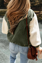 Load image into Gallery viewer, Mist Green Corduroy Fleece Patchwork Buttoned Bomber Jacket
