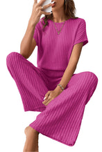 Load image into Gallery viewer, Rose Red Solid Color Ribbed Short Sleeve Wide Leg Jumpsuit