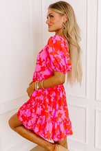 Load image into Gallery viewer, Red Floral Bubble Sleeve Sweetheart Neck Ruffled Mini Dress