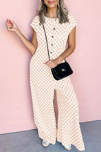 Load image into Gallery viewer, Apricot Checkered Print Buttoned Crew Neck Wide Leg Jumpsuit