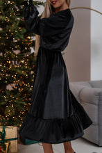 Load image into Gallery viewer, Black Velvet Buttoned Puff Sleeve V Neck Split Midi Dress