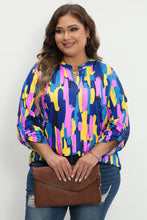 Load image into Gallery viewer, Blue Plus Size Brushstroke Print 3/4 Sleeve Blouse