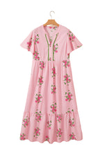 Cargar imagen en el visor de la galería, Pink Notched Neck Flutter Short Sleeve Floral Print Maxi Dress