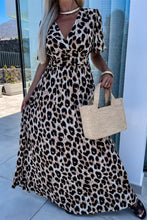 Cargar imagen en el visor de la galería, Khaki Leopard V Neck Cinched High Waist Open Back Maxi Dress