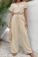 Load image into Gallery viewer, Beige Crinkled Elastic Hem Crop Tee and Wide Leg Pants Set