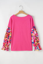 Cargar imagen en el visor de la galería, Bright Pink Floral Patchwork Flounce Sleeve Rib Knit Plus Top