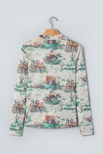 Load image into Gallery viewer, Green Western Print Long Sleeve Round Neck Slim Top