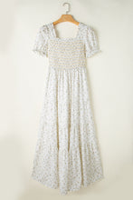 Load image into Gallery viewer, White Frilly Shirred Bodice Tiered Floral Maxi Dress