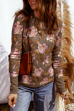 Load image into Gallery viewer, Brown Floral Print Waffle Textured Long Sleeve Top
