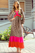 Load image into Gallery viewer, Brown Leopard Color Block V Neck Loose Fit Maxi Dress