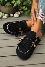 Cargar imagen en el visor de la galería, Color black Boho Bow Fringed Faux Suede Slip-on Loafers Square Toe Casual Slippers