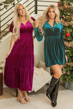 Load image into Gallery viewer, Red Dahlia Velvet Short Sleeve Shirred Waist Tiered Maxi Dress