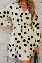 Load image into Gallery viewer, Beige Polka Dot Printed Surplice V Neck Puff Sleeve Mini Dress