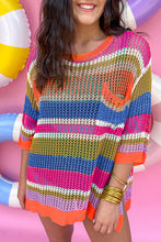 Load image into Gallery viewer, Orange Stripe Colorblock Hollowed Crochet 3/4 Sleeve Sweater