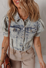 Load image into Gallery viewer, Beau Blue Light Wash Buttoned Chest Pocket Puff Sleeve Denim Jacket