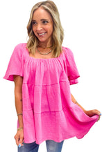Load image into Gallery viewer, Bright Pink Textured Square Neck Flutter Sleeve Tiered Flowy Blouse