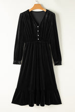 Load image into Gallery viewer, Black Velvet Buttoned Puff Sleeve V Neck Split Midi Dress