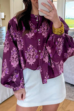 Load image into Gallery viewer, Purple Floral Print Button Front Long Puff Sleeve Shirt