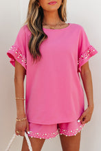 Load image into Gallery viewer, Bright Pink Textured Pearled Ruffle Sleeve Top 2 Piece Shorts Set