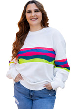 Cargar imagen en el visor de la galería, White Plus Size Colorful Striped Drop Shoulder Loose Sweatshirt