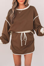 Load image into Gallery viewer, Coffee Color Contrast Loose Pullover and Lace-up Waist Skort Set