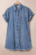 Load image into Gallery viewer, Blue Mineral Wash Cuffed Sleeve Frayed Hem Denim Dress