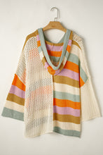 Load image into Gallery viewer, Beige Pointelle Knit Colorblock Patchwork V Neck Hooded Plus Sweater
