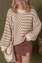 Load image into Gallery viewer, Khaki Stripe Checkerboard Drop Shoulder Balloon Sleeve Sweater