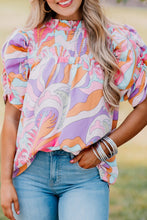 Load image into Gallery viewer, Pink Abstract Print Bubble Sleeve Smock Detail Blouse