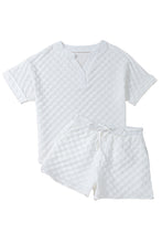 Load image into Gallery viewer, White Textured Split Neck Top and Drawstring Shorts Set