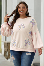 Load image into Gallery viewer, Parchment Embroidered Bow Lantern Sleeve Oversized Pullover Sweatshirt