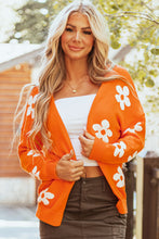 Cargar imagen en el visor de la galería, Orange Floral Print Knitted Open Front Loose Cardigan