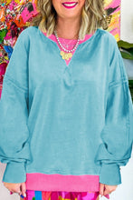 Cargar imagen en el visor de la galería, Light Blue Colorblock Patchwork Crew Neck Loose Sweatshirt