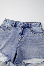 Load image into Gallery viewer, Beau Blue Pearl Studded Pockets Raw Hem Denim Shorts