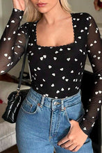 Load image into Gallery viewer, Black Heart Shape Mesh Patchwork Square Neck Bodysuit