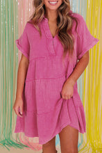 Load image into Gallery viewer, Strawberry Pink Mineral Wash Crinkle Split Neck Raw Hem Tiered Dress