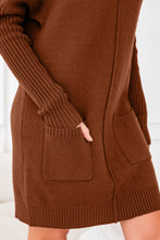 Load image into Gallery viewer, Chestnut Ribbed High Neck Front Pockets Center Seam Shift Sweater Dress
