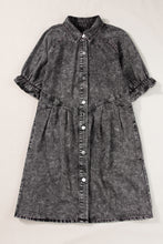 Load image into Gallery viewer, Medium Grey Mineral Wash Ruffled Short Sleeve Buttoned Denim Dress