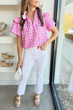 Load image into Gallery viewer, Pink Vintage Floral Ruffled Split Neck Short Sleeve Blouse