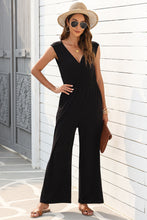 Load image into Gallery viewer, Black Deep V Pleated Crisscross Wide Leg Backless Jumpsuit