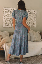 Load image into Gallery viewer, Blue Printed V Neck Shirred Short Puff Sleeve Maxi Dress