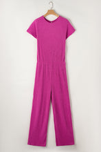 Load image into Gallery viewer, Rose Red Solid Color Ribbed Short Sleeve Wide Leg Jumpsuit