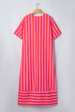 Cargar imagen en el visor de la galería, Red Stripe V Neck Cuffed Sleeve Relaxed Split Midi Dress