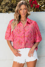Cargar imagen en el visor de la galería, Rose Red Floral Print Wide Short Sleeve Loose Shirt