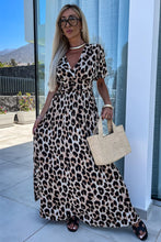Cargar imagen en el visor de la galería, Khaki Leopard V Neck Cinched High Waist Open Back Maxi Dress