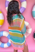 Cargar imagen en el visor de la galería, Pink Stripe Plus Size Open Knit Patch Pocket Short Sleeve Sweater