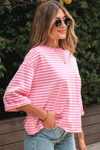 Cargar imagen en el visor de la galería, Pink Stripe Bowknot Cutout Back Drop Shoulder Wide Bracelet Sleeve Loose Tee