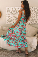Load image into Gallery viewer, Green Abstract Print Smocked Bodice Knotted Straps Ruffled Maxi Dress