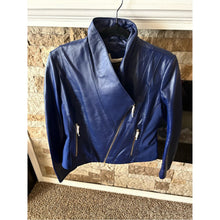 Load image into Gallery viewer, BNWT Iman 100% Genuine Leather Women's Blue Leather Asymmetric Zip Jacket Luxury